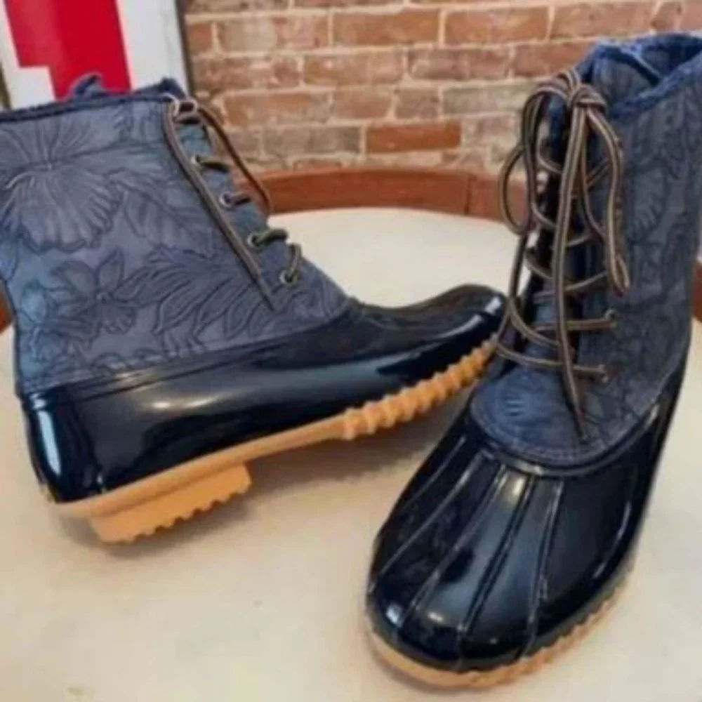 NWT BOOTS New Sporto Denim Blue Faux Tooled Duck Patent Boots 11M Ladies
